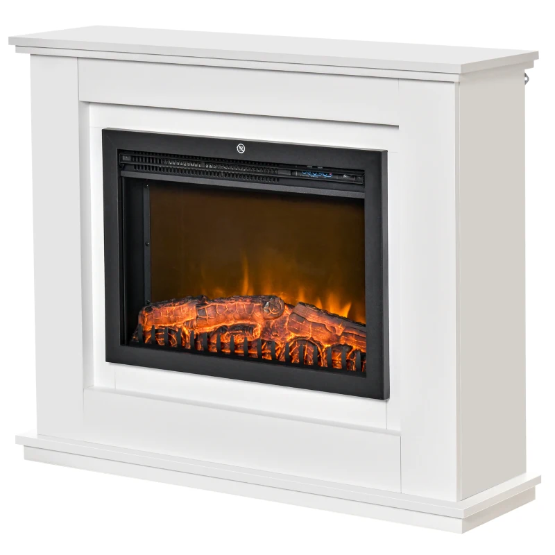 HOMCOM Camino Elettrico Effetto Fiamma Realistico con Cornice in Legno, Caminetto Elettrico con Termostato, Protezione da Surriscaldamento, Timer e Telecomando, 1000W e 2000W, 98x27.5x80cm, Bianco