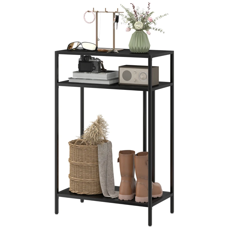 HOMCOM Consoletafel 3 niveaus opbergplanken Smalle Entreetafel Stalen Frame voor Woonkamer Hal 55 cm Zwart