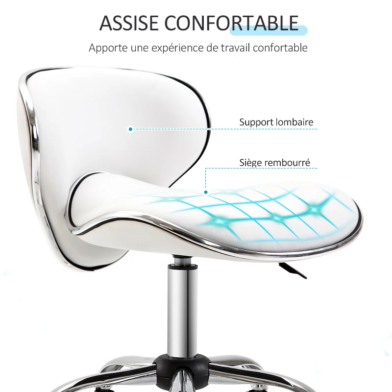 HOMCOM Tabouret à roulettes tabouret de travail avec hauteur réglable 44-56 cm et dossier, pivotant 360°, blanc