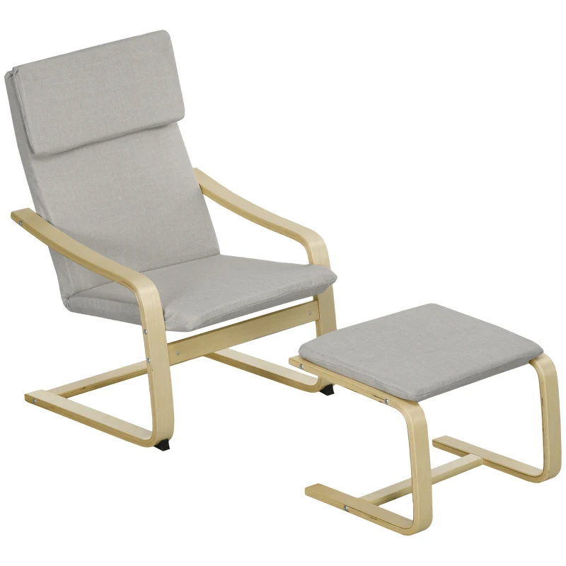 HOMCOM Loungestoel met Voetenbank, Bekleding in Linnenlook, Houten Frame, tot 120 kg, Lichtgrijs/Natuur