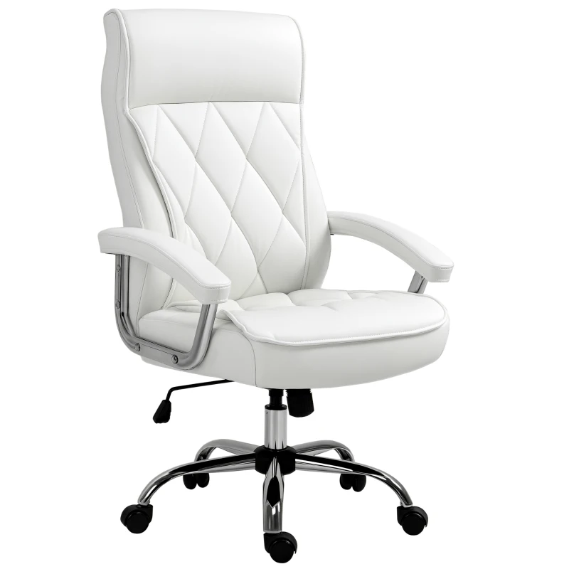 Vinsetto bureaustoel kantoorstoel gaming stoel draaistoel ergonomisch met wipfunctie in hoogte verstelbaar ruitpatroon modern elegant luxe PU leer metaal schuim wit 66x69x121 cm