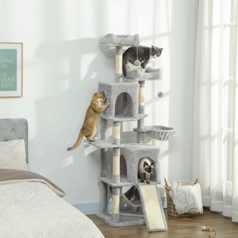 PawHut Albero Tiragraffi per Gatti con 2 Casette, 2 Lettini, Trespolo e 2 Palline, 48x40x177 cm, Grigio Chiaro e Beige
