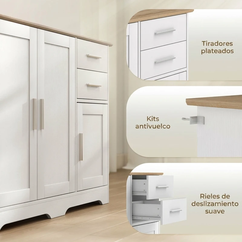 HOMCOM Aparador de Salón con 2 Cajones Armario de Cocina con Estante Ajustable 100x40x78 cm Blanco y Natural