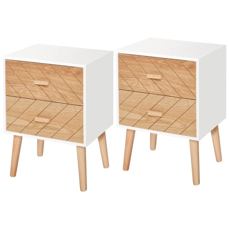 HOMCOM Bedside Table Set of 2, Modern Bedside Cabinets with Drawer and Pine Wood Legs, Nightstand for Bedroom, White and Natural