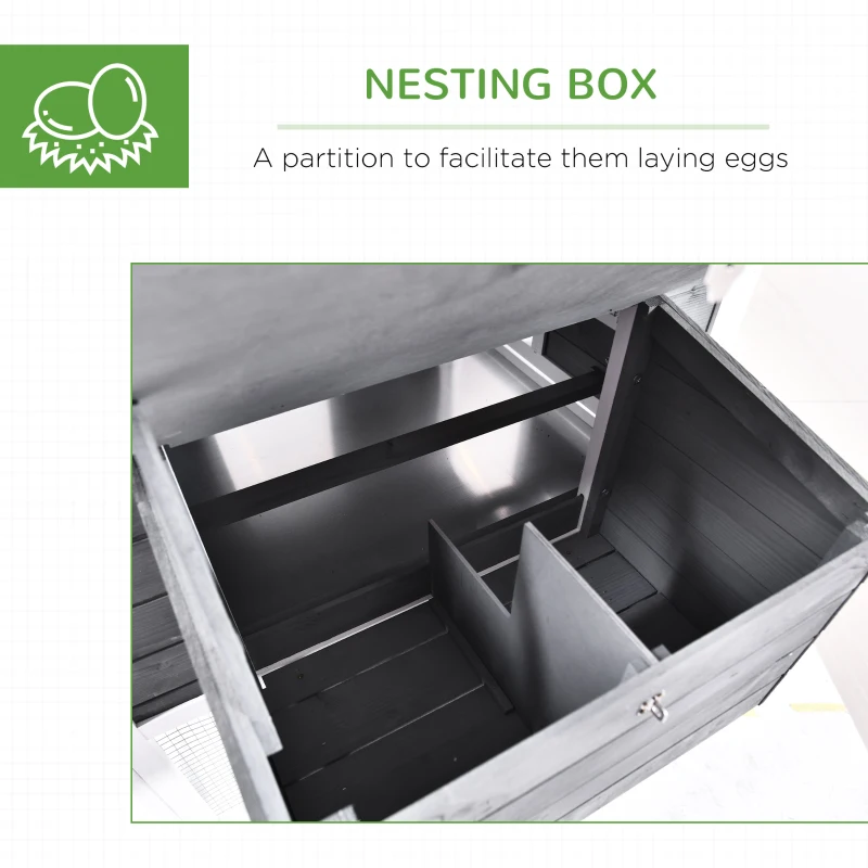 PawHut Chicken Coop with Run Garden Wooden Hen Cage Poultry Coops Cages with Nesting Box Ramp Sliding Tray Outdoor Grey for 2-4 Chickens 175.4 x 95.5 x 100cm