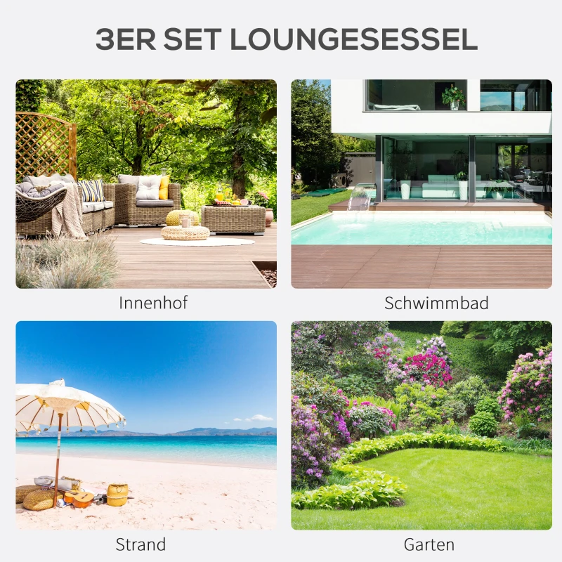 Outsunny Tuin loungeset, 2 ligstoelen met bijzettafel, ademende stof, stevig metalen frame, zwart