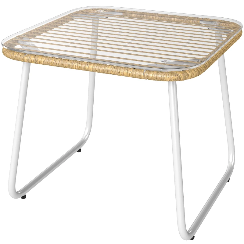 Outsunny Mesa de Jardín de Ratán Sintético con Encimera de Vidrio Templado y Patas Ajustables para Exterior 50x50x44 cm Natural