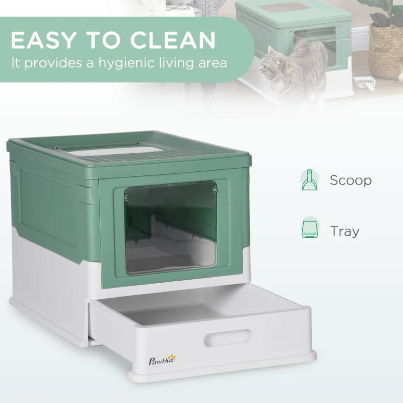 PawHut Hooded Cat Litter Box, Portable Pet Toilet, with Scoop, Front Entry - Green