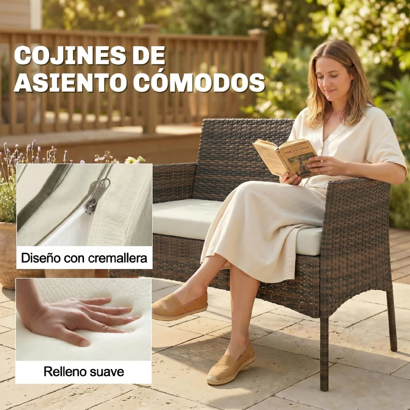 Outsunny Conjunto de Muebles de Jardín de Ratán Sintético con Sofá Sillones y Mesa de Centro con Vidrio Templado y Cojines Marrón