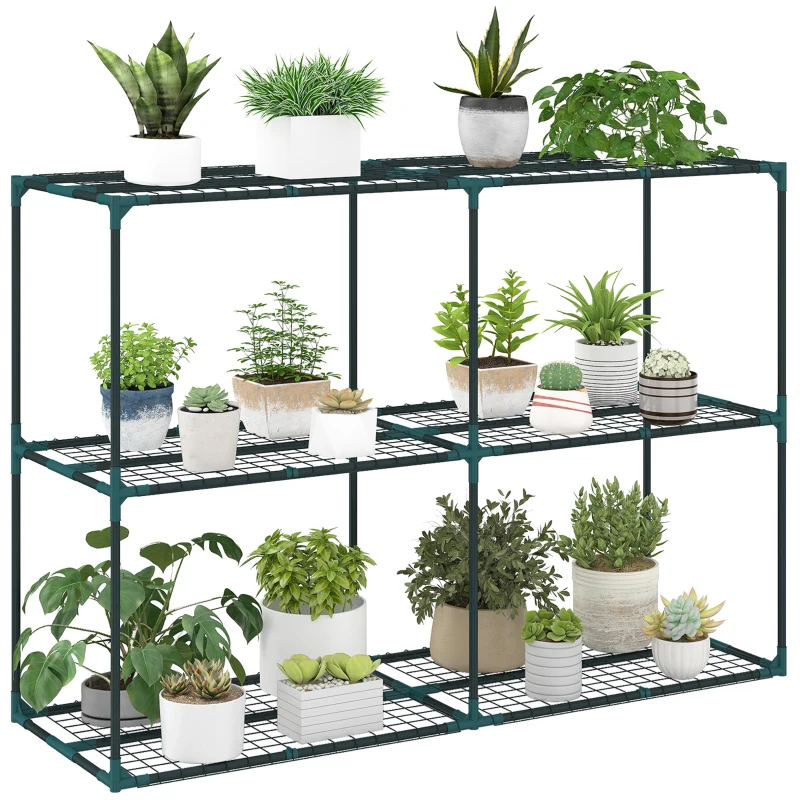 Outsunny 3-laags plantenstandaard, 100 cm hoge bloemenstandaard met planken, meerlaagse staal Donkergroen