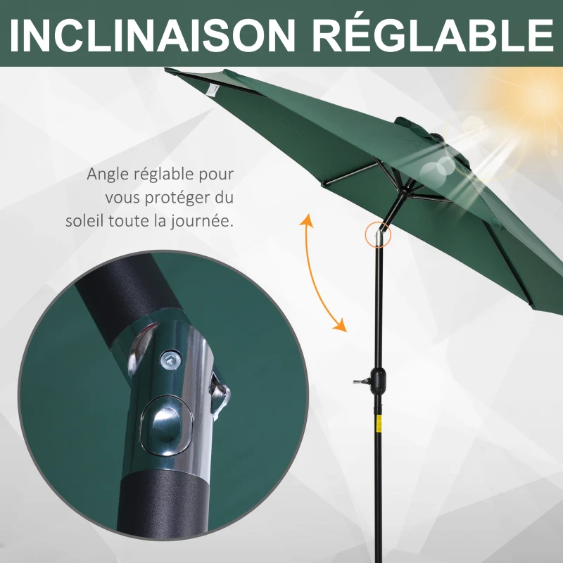 Outsunny Parasol droit parasol inclinable de jardin balcon terrasse manivelle toile polyester imperméabilisée haute densité 180 g/m² Ø2,6 x 2,35H m aluminium vert foncé