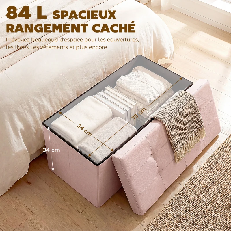 HOMCOM Banc de Rangement, Pouf de Rangement Pliable, Bout de Lit, Repose-Pieds avec Couvercle, 76L x 38l x 38H cm, Rose