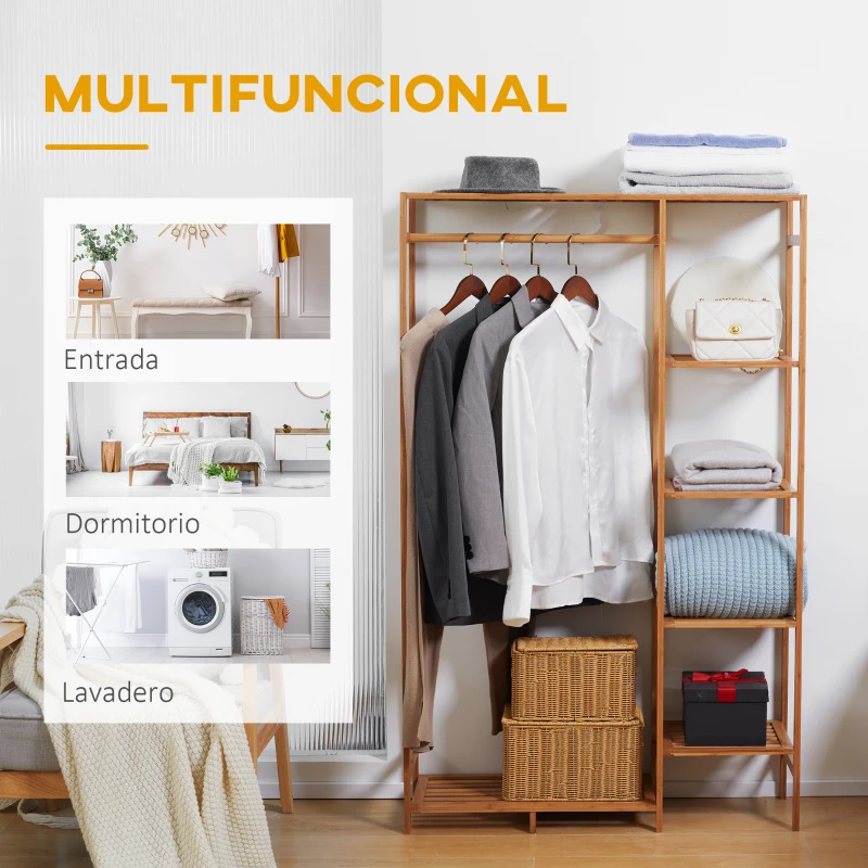 HOMCOM Perchero de Pie de Bambú Perchero para Ropa con Estantes de Almacenamiento y Varilla Colgante 90x30x145 cm Natural