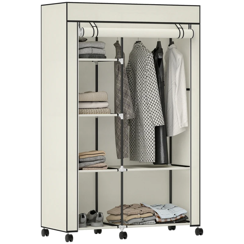 HOMCOM Armoire penderie en tissu meuble de rangement 6 roulettes tringle à vêtements et étagères ouvertes 103x43x162,5cm crème