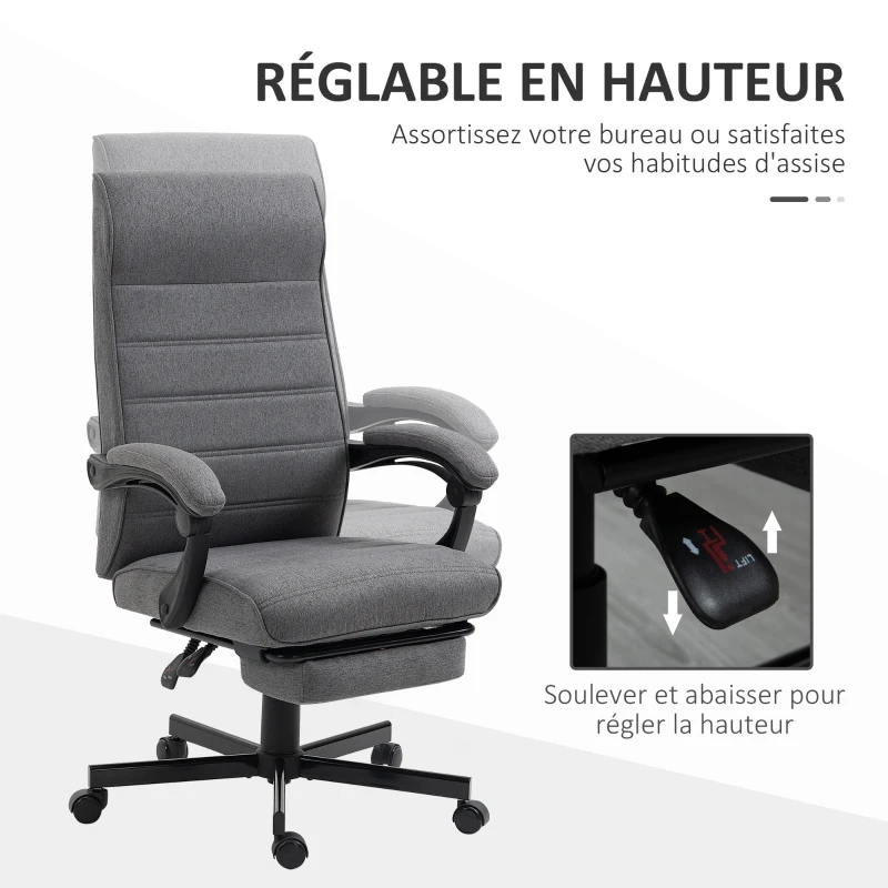 Vinsetto Fauteuil de bureau pivotant inclinable en tissu aspect lin avec accoudoirs hauteur réglable gris