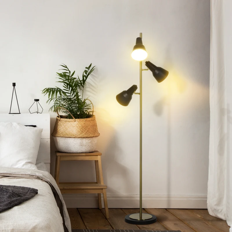 HOMCOM 150cm Lampada a Piantana da Terra con 3 Paralumi Regolabili, Base Rotonda, Interruttore a Pedale, in Metallo, Bronzo, 32x32x150cm