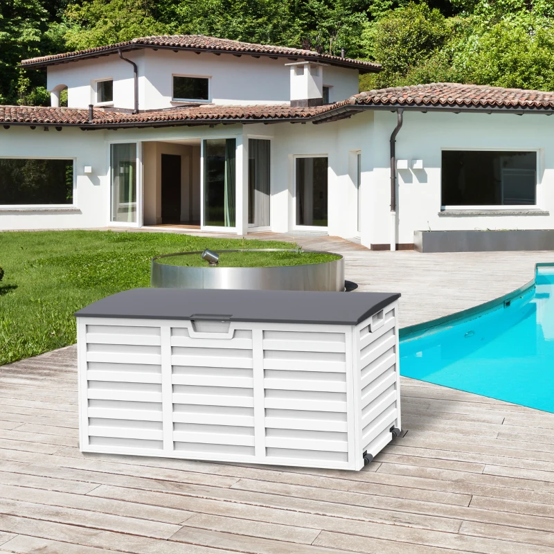 Outsunny Coffre de Jardin Malle de Rangement dim. 112L x 49l x 53H cm 2 roulettes polypropylène texturé Imitation Lattes de Bois Blanc Gris
