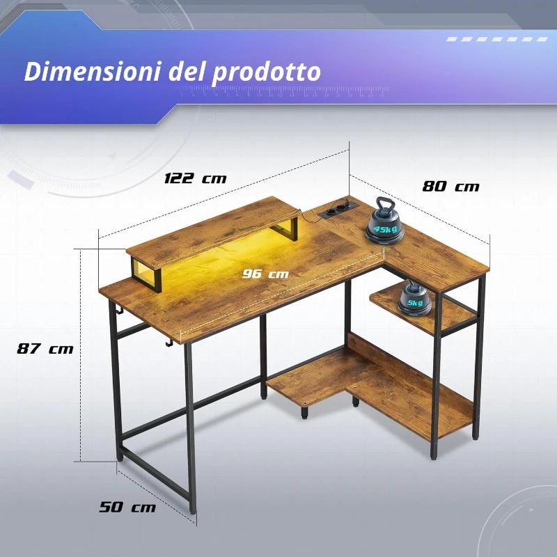 Scrivania angolare a L con LED RGB, ripiani aperti, alzata monitor ergonomica, 122x80x87,5 cm, Marrone