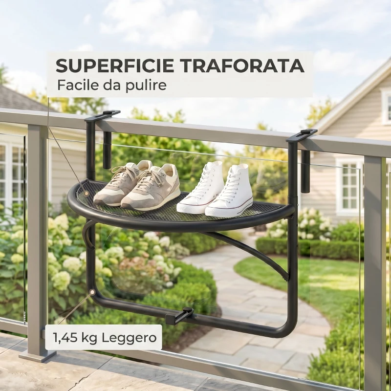 Outsunny Tavolino da Ringhiera Pieghevole con 3 Altezze Regolabili in Metallo, 60x45x50cm, Nero