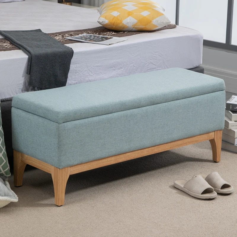 HOMCOM Baúl de Almacenaje para Dormitorio 72L Tapizado en Lino con Patas de Madera 110x39x45 cm Gris Azulado
