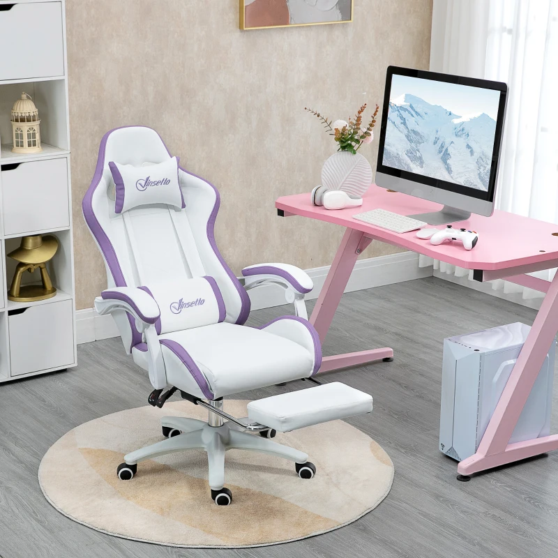 Vinsetto Sedia da Gaming con Altezza Regolabile e Schienale Reclinabile, 65x65x121-129 cm, Bianco e Viola