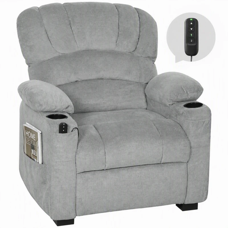 HOMCOM Elektrische relaxstoel met ligfunctie, USB, bekerhouders en 2 memory-posities, voor woonkamer, grijs