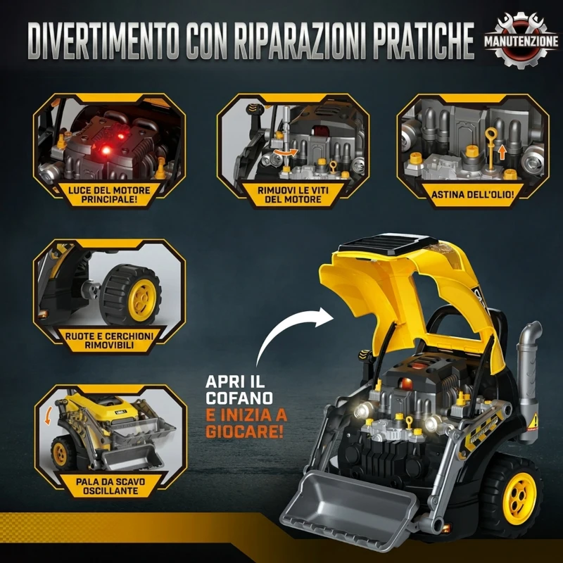 AIYAPLAY Set Officina Escavatore Giocattolo per Bambini 3-6 Anni con Motore e 68 Accessori, Giallo