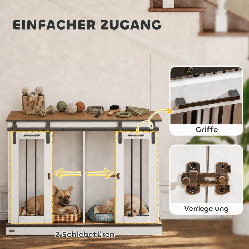 PawHut Hondenbench met 2 Deuren, Hondenbox, Transportbox voor Honden, Rustiek Ontwerp, Vergrendelbaar, Wit(m-6)