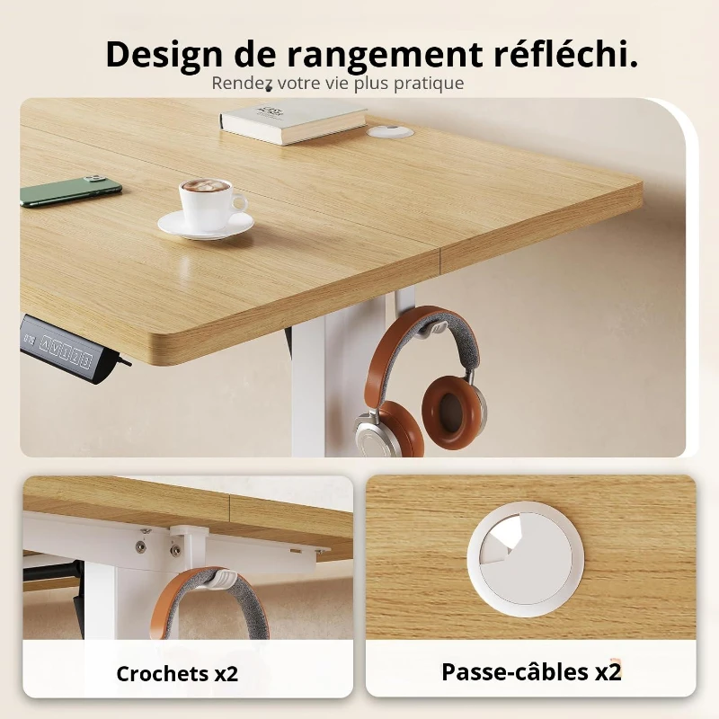 Bureau électrique assis-debout, système anti-collision, réglable en continu, 72–118 cm, 160x70x72-118 cm, coloris chêne