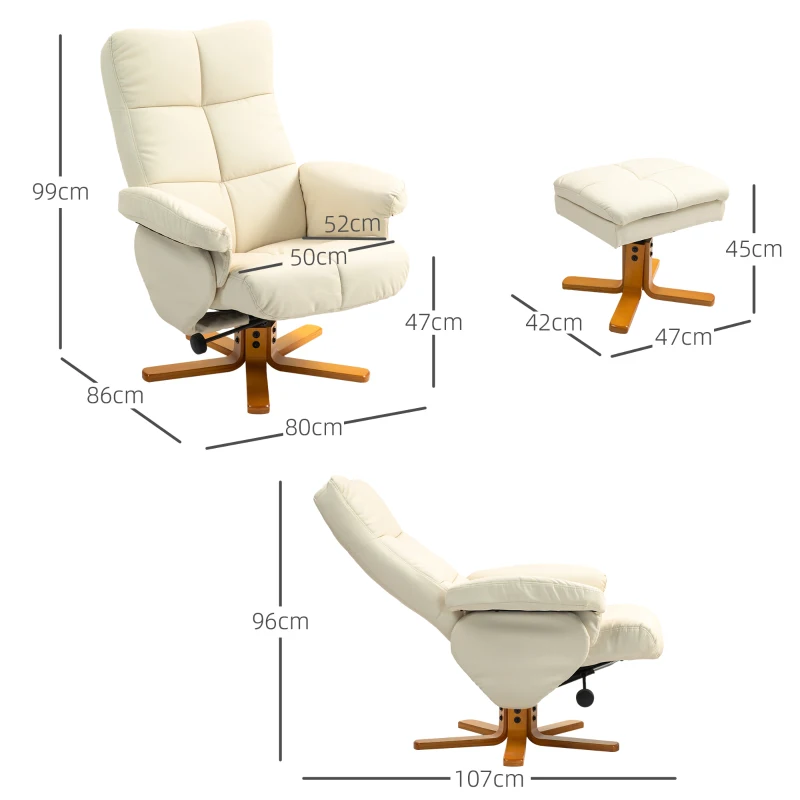 HOMCOM Relaxfauteuil met Hocker, 145° Kantelbare Rugleuning, 360° Draaibaar, Kunstleer, Crèmewit