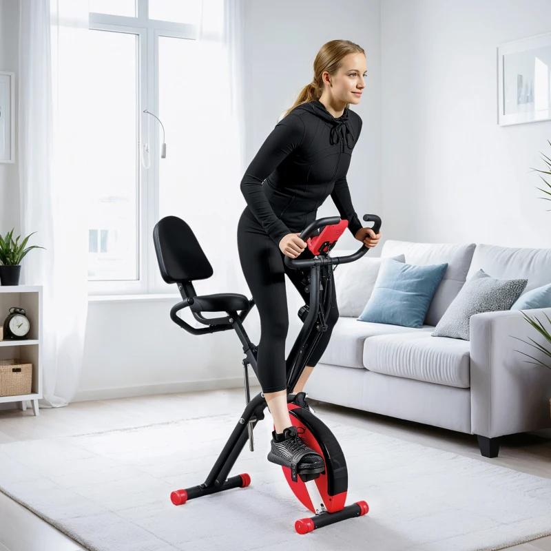 SPORTNOW Five-in-one Foldable Exercise Bike, Stationary Bike with Arm Workout Bands, LDC Monitor, Phone Holder, Red