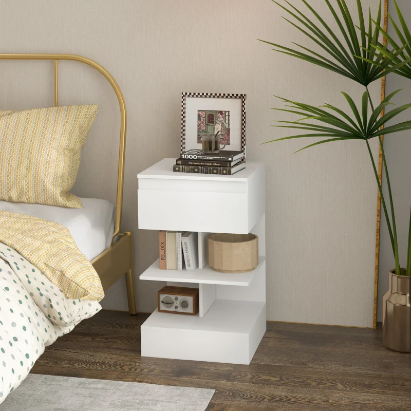 HOMCOM Mesilla de Noche con Cajón y 2 Estantes Abiertas para Dormitorio Salón Cama Oficina Estilo Moderno 39x39x65 cm Blanco