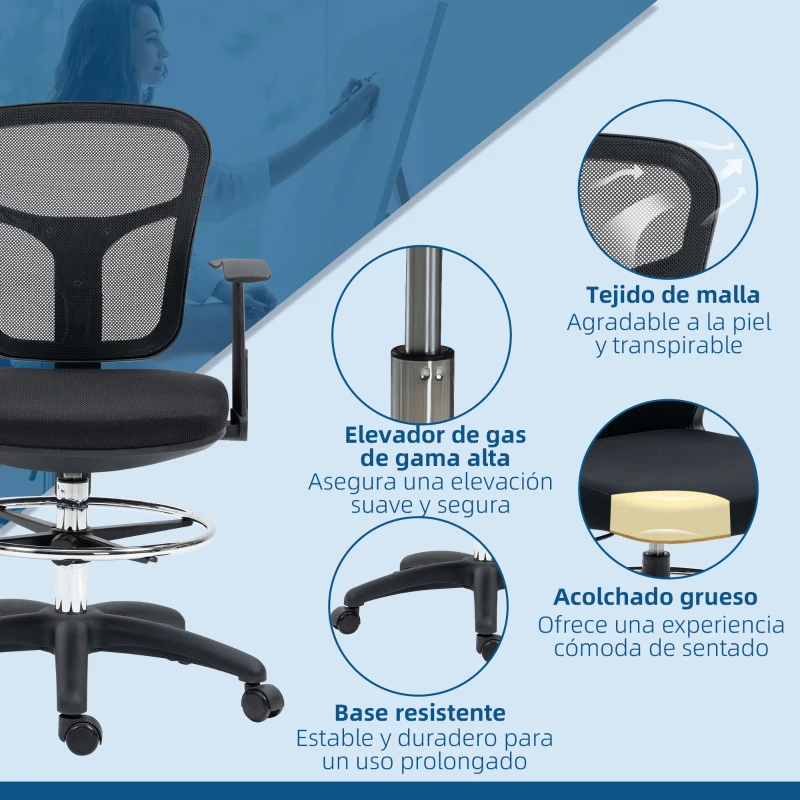 Vinsetto Silla de Dibujo Ergonómica de Malla Giratoria con Reposabrazos  y Reposapiés Ajustable 59x59x95-115 cm Negro