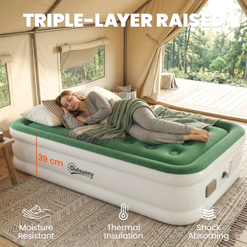 Outsunny Inflatable Mattress, Single Air Bed with Built-in Electric Pump, 3 Mins Inflation, Flocked Surface, Dark Green
