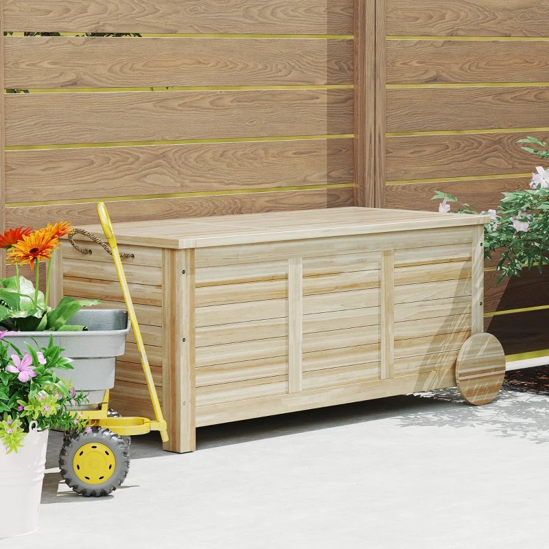 Outsunny Baule da Esterno 185L a 2 Ruote con Telo Interno e Coperchio, in Legno di Abete, 110x50x50 cm, color Legno