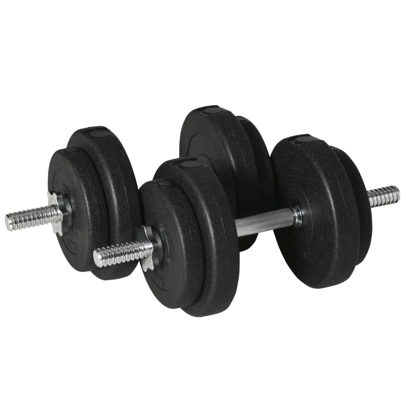 HOMCOM Set Gantere cu Greutăți de 20 kg (4x2.5 kg, 4x1.5 kg) cu 8 Discuri și 2 Gantere de 2 kg, 43x18x7.5 cm, Negru