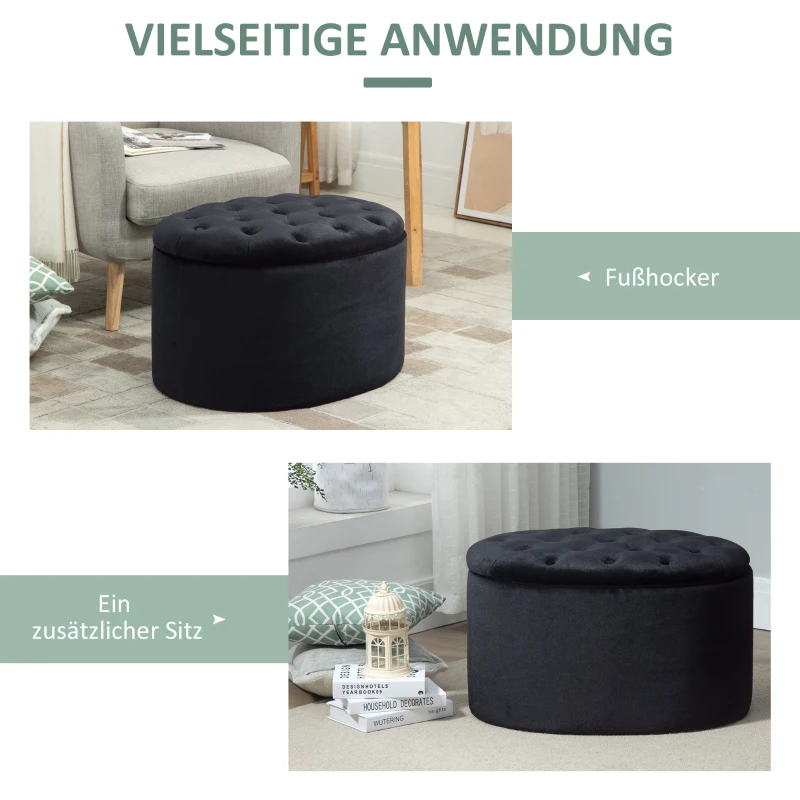 HOMCOM bank gestoffeerde bank met opbergruimte borstbank ovale vorm hal slaapkamer woonkamer fluweelzacht polyester rubber hout zwart 71 x 52 x 42 cm