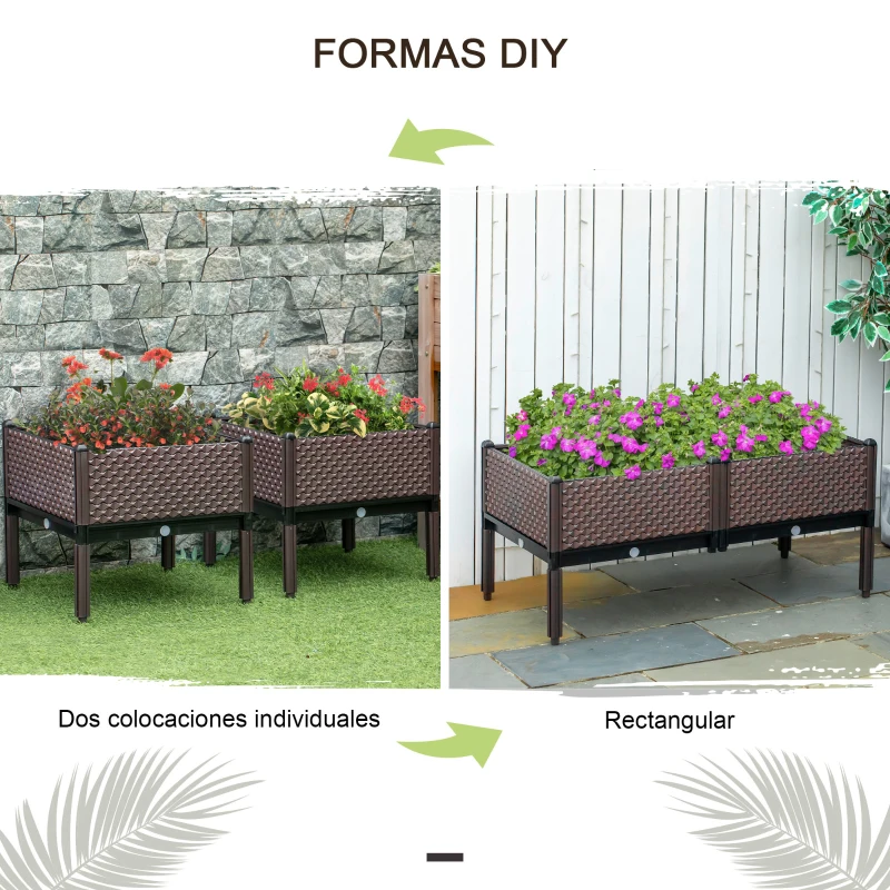 Outsunny Juego de 2 Jardineras de Exterior Jardineras Cuadradas Elevadas Combinación Libre 50x50x46,5 cm Marrón