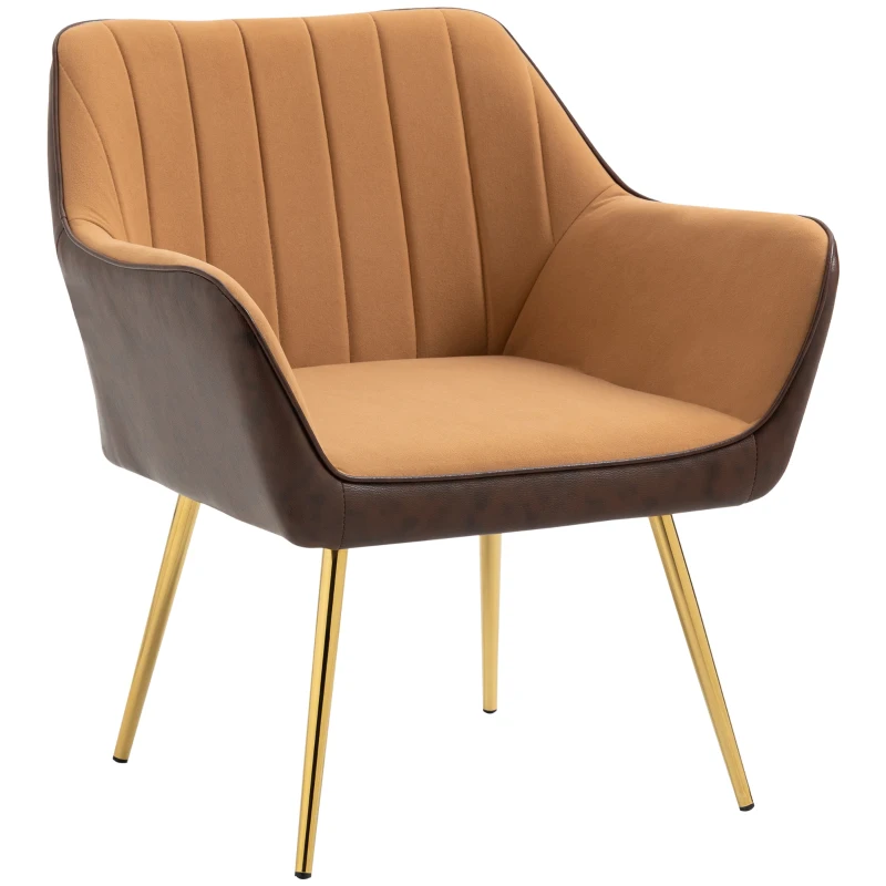 HOMCOM Velvet Armchair, Upholstered Accent Chair with Golden Steel Legs, Modern Vanity Chair for Living Room and Bedroom, Light Brown