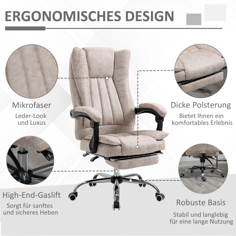 Vinsetto kantoorstoel draaistoel met ligfunctie voetensteun bureaustoel hoogteverstelling zitting stoel bureaustoel microvezel kunststof metaal nylon zwart + beige 63 x 71 x 118 cm