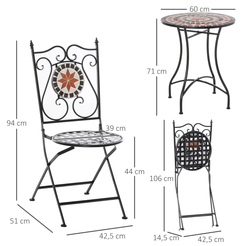 Zitgroep voor in de tuin 3-delige mozaïektafel + 2 opklapbare metalen stoelen