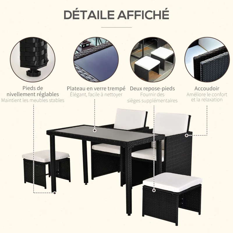 Outsunny Ensemble salon de jardin encastrable 2 fauteuils monoblocs + 2 tabourets + table basse résine tressée 4 fils coussins déhoussables crème noir
