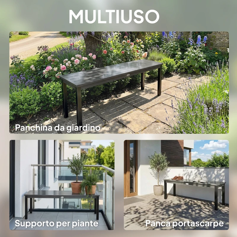 Outsunny Panchina da Giardino 2 Posti a Doghe Effetto Legno, Struttura in Acciaio, 130x34x43 cm, Grigio