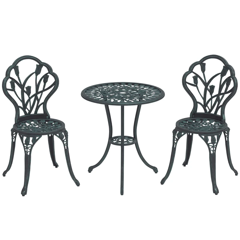 Outsunny Ensemble salon de jardin 2 places 2 chaises + table ronde fonte d'aluminium imitation fer forgé vert
