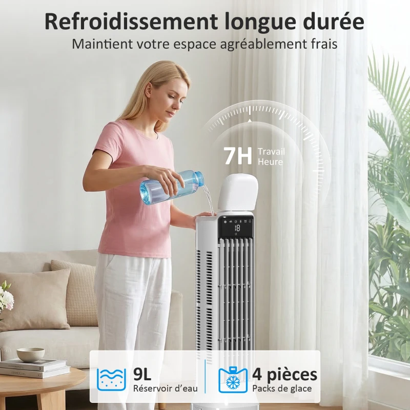 HOMCOM Refroidisseur d'air portable 3-en-1 réservoir d'eau 9 litres oscillation à 48° 3 vitesses 3 modes 4 packs de glace blanc