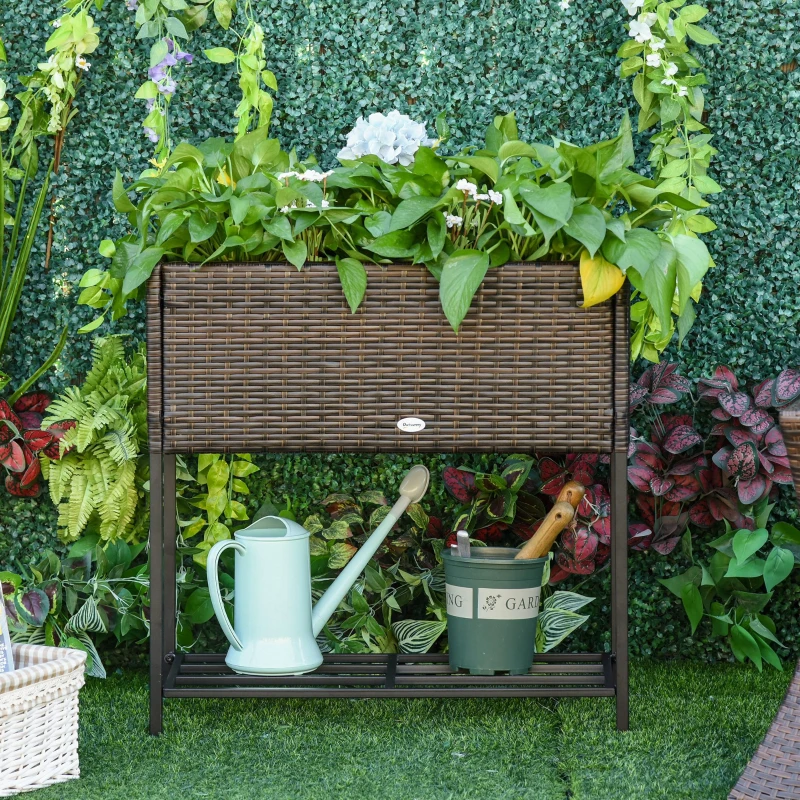 Outsunny Fioriera Effetto Vimini con Ripiano Marrone (70cm x 30cm x 70cm)