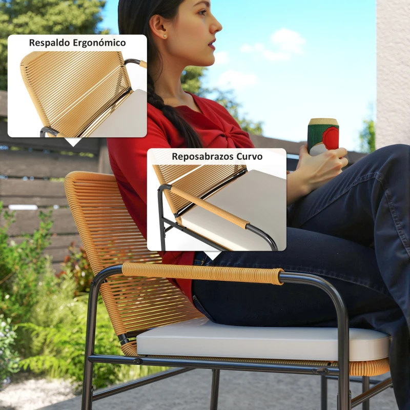 Outsunny Conjunto de Muebles de Jardín de Ratán Sintético con 2 Sillas con Cojines Extraíbles y Mesa con Tablero de Metal Natural