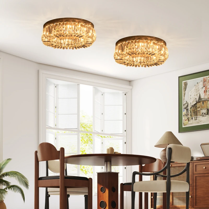 HOMCOM Crystal Ceiling Lights Set of 2, Modern Flush Chandeliers with Stainless Steel Base, Pendant Lights for Living Room Bedroom Dining Room, Silver Tone