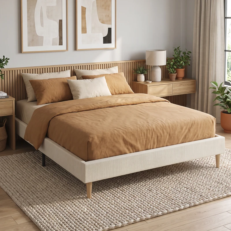 HOMCOM Cadru de pat 160 x 200 cm cu somieră, pat dublu tapițat din catifea moale, cu model striat, crem