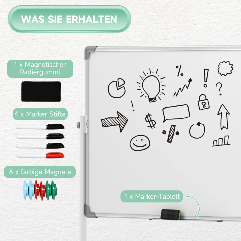 HOMCOM Dubbelzijdig Magnetisch Whiteboard met Standaard 120 x 90 cm – Droog uitwisbare Magnetische Bord met Pennenbakje en Aluminium Frame, Draaibaar en Verrijdbaar voor Kantoor en Thuis